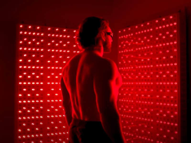 Man standing in front of two commercial premiere red light panels wearing glasses